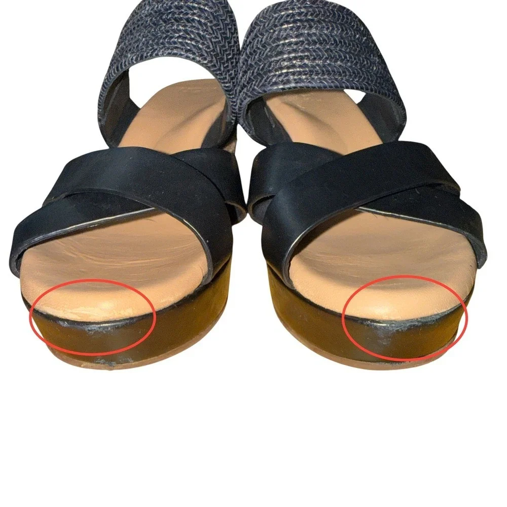 UGG Adriana Wedge Sandals Womens 8.5 Espadrille Slide Black Leather Braided Logo